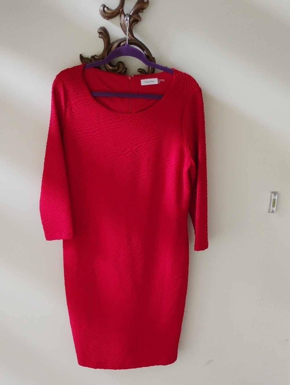 Calvin Klein Red Textured Long Sleeve Sheath Dress